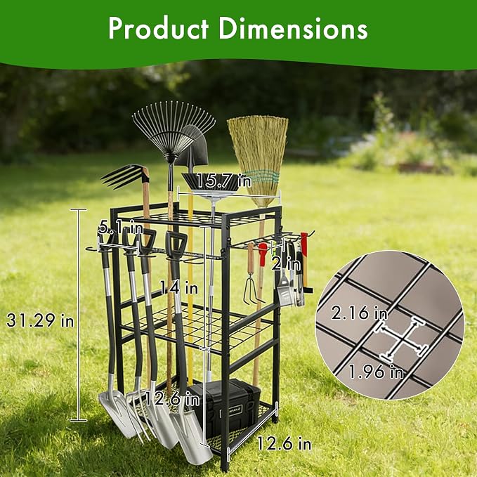 Garden Tool Organizer‑70‑Hole Garage Storage Rack with Adjustable Feet & Sturdy T‑Handle Hooks, Broom/Mop Holder for Yard, Shed, Multi‑Scene Use, No‑Tool Assembly, Black Garage Storage Rack