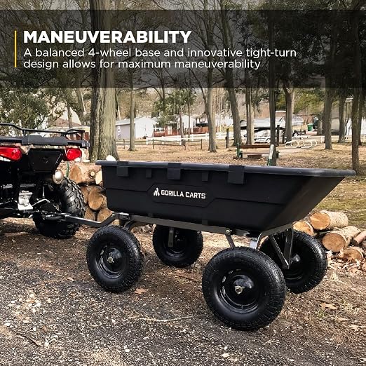 Gorilla Carts Heavy-Duty Poly Yard Dump Cart, 10 Cu Ft Tub, 1500 lb Haul Capacity, Black – Towable Utility Wagon with Quick-Release Dumping & Pneumatic Tires for Landscaping and Gardening