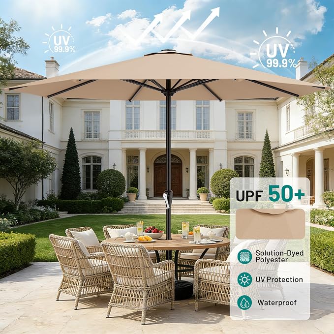 AreShark 12 FT Patio Umbrella for Outdoor, Outdoor Table Umbrella with Push Button Tilt and Crank, Outdoor Patio Umbrellas with 8 Sturdy Ribs, Patio Umbrellas for Market, Garden, Pool (Beige)