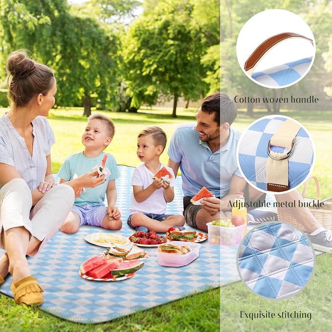 Nuanchu Checkered Picnic Blanket Extra Large Outdoor Blanket Sandproof 80"x80" Waterproof Portable Machine Washable 3 Layer Thick Gingham Picnic Mat for Beach Camping Park Grass Travel(Light Blue)