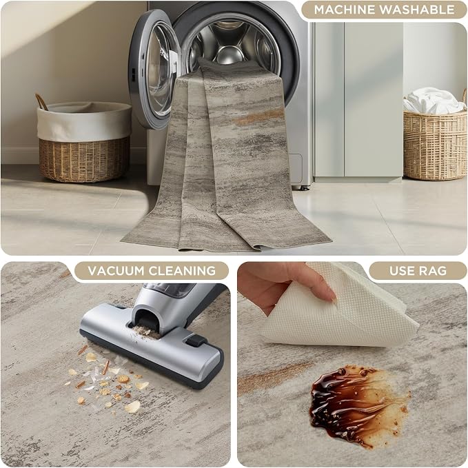 Joydeco 2x6 Modern Abstract Washable Runner Rug – Low Pile Faux Wool with Non-Slip Backing, Neutral Print Carpet Runner for Hallway, Kitchen, Entryway and Bedroom, White&Grey&Brown