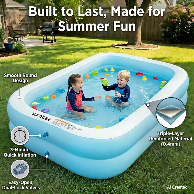 Sumbee Inflatable Pool for Kids and Adults, 103" x 69" x 20" Oversized Thickened Blow Up Swimming Family Pool for Toddlers Outdoor Patio Backyard Garden Deck Summer Party, Full Size Rectangular Blue
