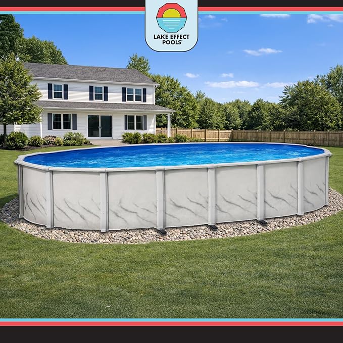 Lake Effect Pools 'Galleria' 12 ft x 18 ft Oval Above Ground Swimming Pool | 52 Inch Steel Side Walls | Kit Includes: 25 Gauge Overlap Liner & Widemouth Skimmer