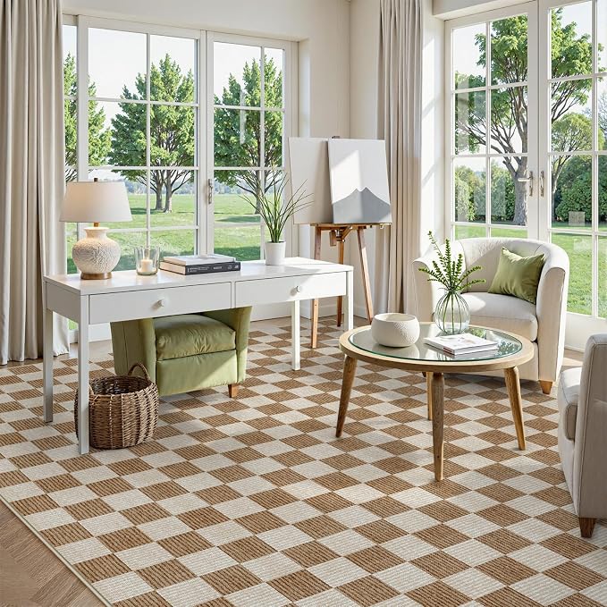 LIVEBOX 9x12 Area Rugs for Living Room, Checkered Non-Slip Washable Rugs, Farmhouse Neutral Classic Geometric Large Boys Area Rug for Bedroom, Carpet for Living Dining Room Office(Brown,9'x12')