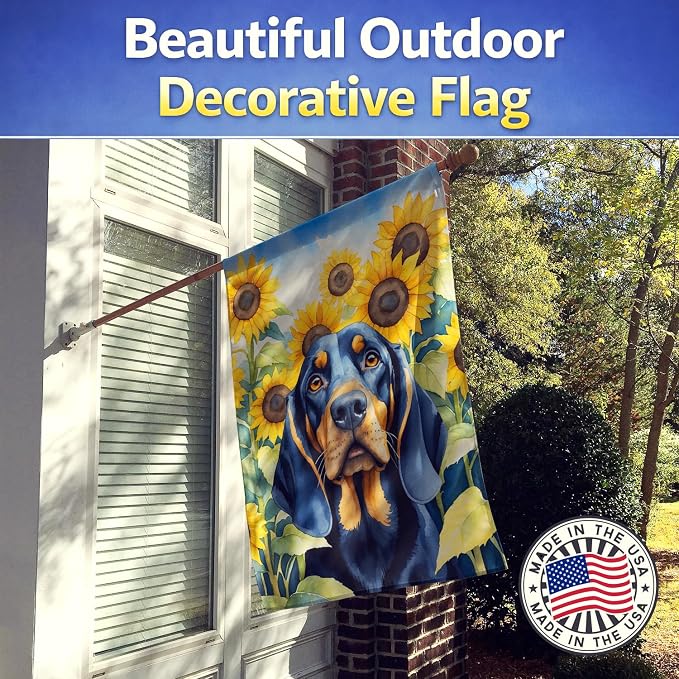 Caroline's Treasures DAC6028CHF Black and Tan Coonhound in Sunflowers House Flag Large Porch Sleeve Pole Decorative Outside Yard Banner Artwork Wall Hanging, Polyester, House Size, Multicolor