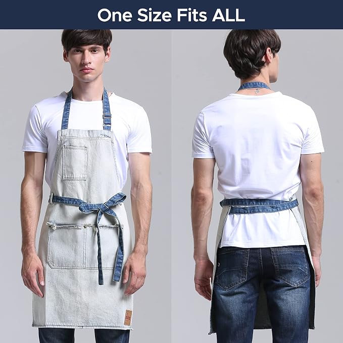 Denim Chef Apron for Women with Pockets, Jean Waitress Server Kitchen Apron for Men Cooking Gardening Painting