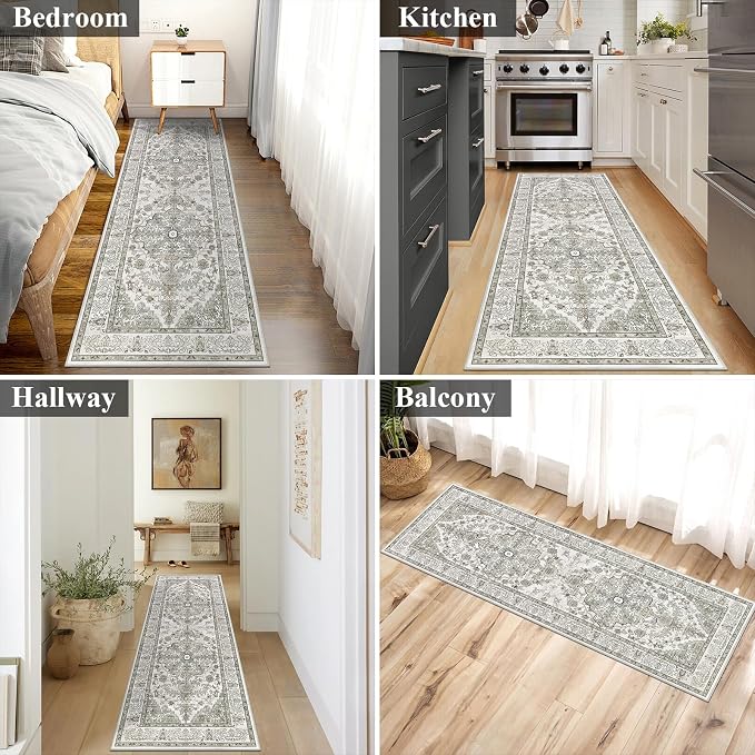 U'Artlines 2' x 6' Boho Hallway Runner Rug, Non Slip Runners, Grey Taupe | Washable, Vintage Farmhouse Kitchen Rug, Accent Area Carpet, for Entryway Laundry and Living Room