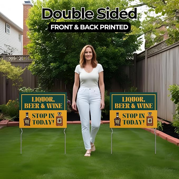Liquor, Beer & Wine - Stop In Todday! Yard Sign by DC | 24"x18" Double Sided Conv. Store Garden Sign with 13” Metal Stakes | Outdoor Signs Waterproof for Lawn, Patio, Sidewalk & House | Set of 5
