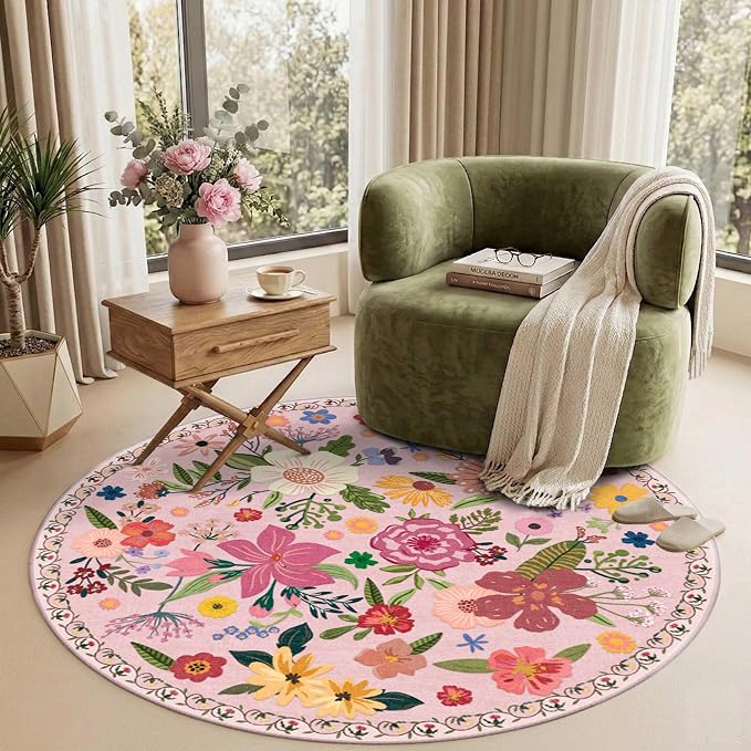 Latte&Fog 4ft Pink Round Area Rug for Girl Bedroom Washable Cute Circle Rug | Non Slip Low Pile Soft Floral Small Carpet for Kids Playroom Nursery Classroom Dorm Decor Dining Kitchen Farmhouse Office
