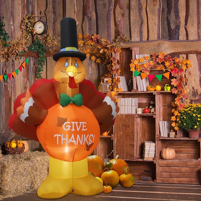 6ft Thanksgiving Inflatable Outdoor Decoration Turkey Inflatable Patio Decoration with Built-in LED Lights, Suitable for Thanksgiving Holiday Party, Patio, Lawn, Garden Winter Decoration