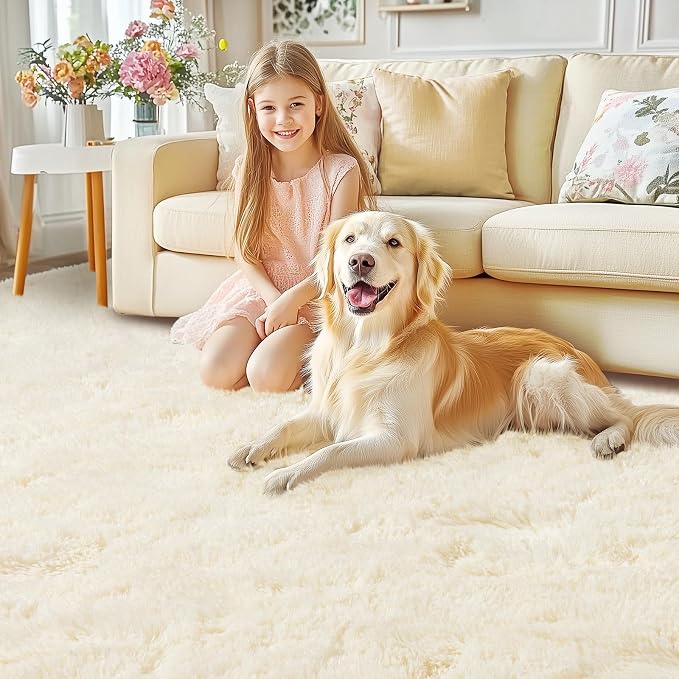 Large Area Rugs 9x12 Living Room, Ultra Fluffy Fuzzy Shag Cream Rug for Bedroom, Modern Plush Soft High Pile Upgrade Non-Slip Carpet for Kids Girls and Boys, Dorms, Home Decor Aesthetic