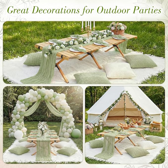 91 x 71 Extra Large Outdoor Boho White Picnic Blanket with Green Table Runner, 6 Napkins and 6 Throw Pillow Covers Table Decor for Beach Picnic Camp Wedding Party Birthday Baby Shower