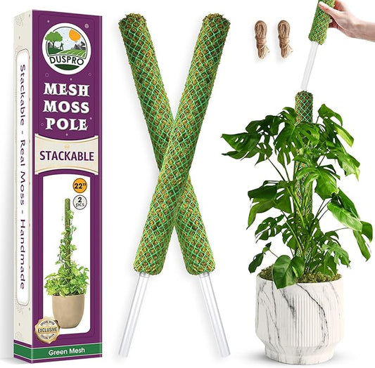 DUSPRO 2 Pack 22" Green Stackable Mesh Moss Pole for Plants – Extendable Up to 39", Natural Forest Moss Pole Monstera Plant Support, Moss Stick for Climbing Plants, Indoor Plant Stakes Accessories