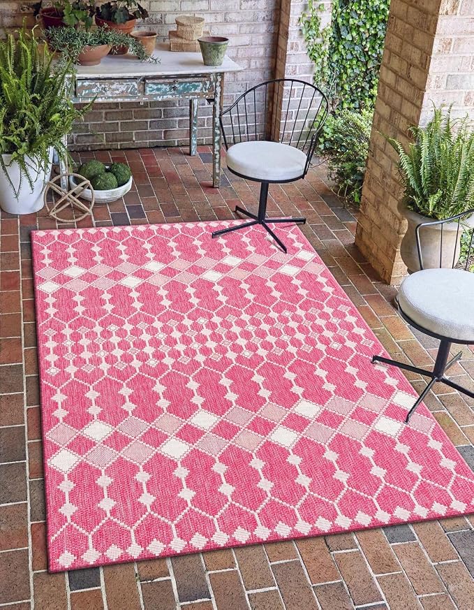 Unique Loom Outdoor Trellis Collection Area Rug - Traliccio (9' x 12' 2" Rectangle, Magenta/ Ivory)