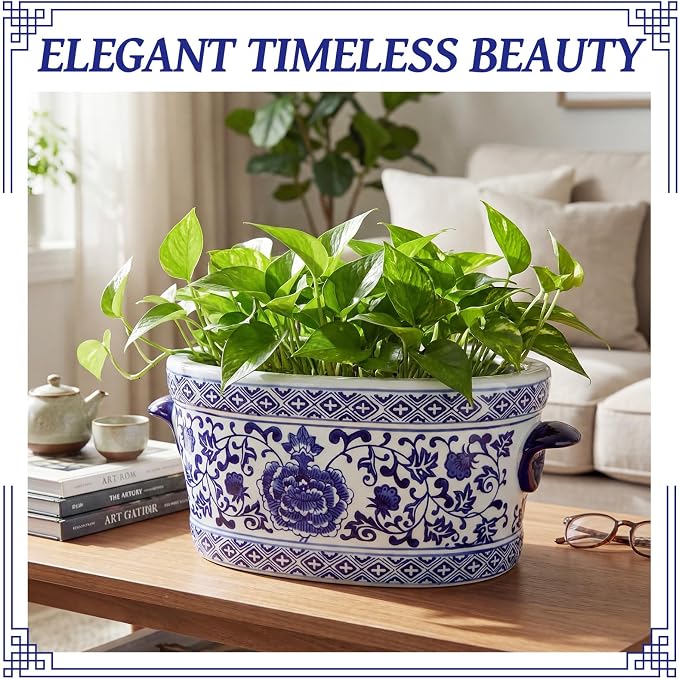 LemonRoad Blue and White Ceramic Planter Pot 14 x 7.7 x 6.1 inches Porcelain Vintage Floral Oval Cachepot Vase Chinoiserie Decor for Indoor Plants Flowers Succulents Home Living Room (Classic Style)