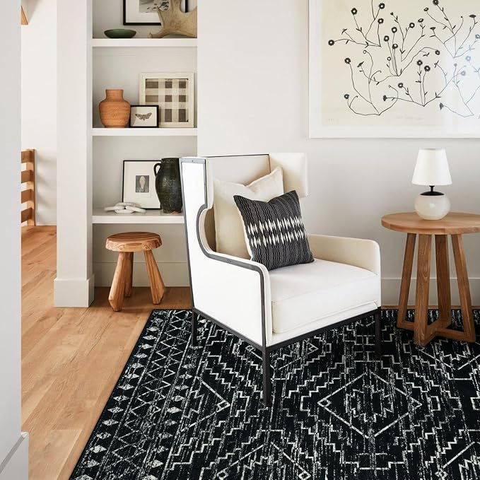 Wonnitar Moroccan 6x9 Area Rugs, Washable Black Rugs for Living Room, Large Soft Bedroom Throw Rug, Non-Slip Stain Resistant Thin Boho Floor Carpet for Dining Room Home Office Decor (Black,6'x9')