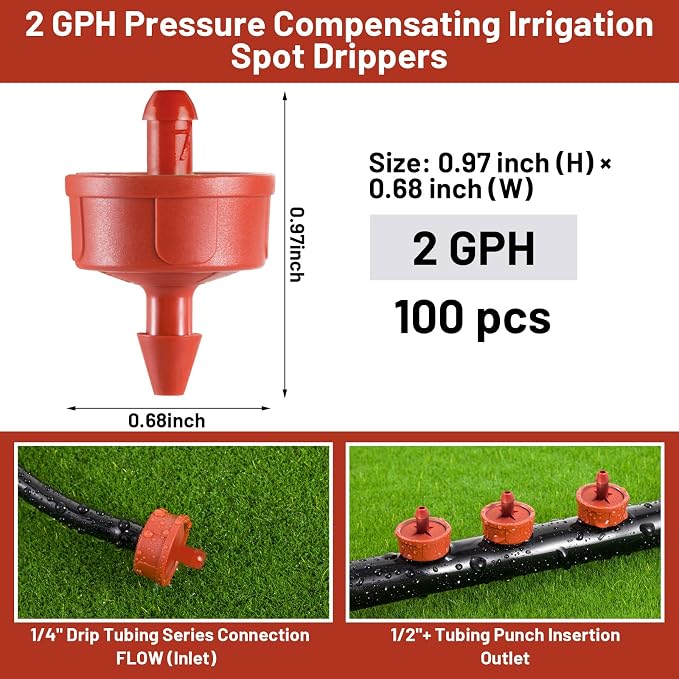 100 PCS 2 GPH Pressure Compensating Drip Irrigation Spot Dripper, Strong Flow Drip Irrigation Emitters Heads for Shrubs Small Trees, Irrigation Drippers Parts for Deep Root Outdoor Garden Irrigation