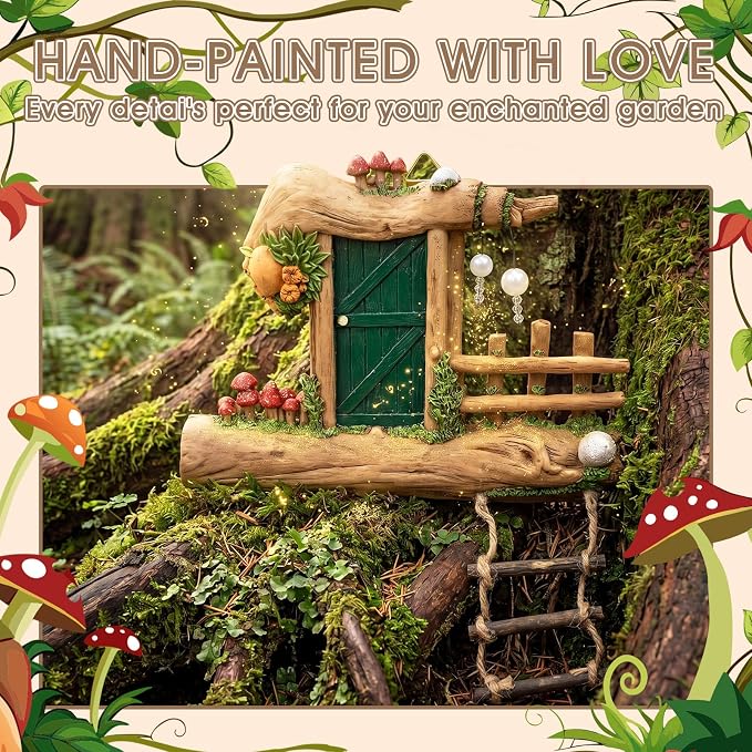 Sliner Fairy Door for Trees Outdoor Resin Fairy Garden Door Accessories with Pearl & Crystal Hanging Accents Miniature Gnome House for Garden Wall Outdoor Decorations Tree Trunk(Dark Green)
