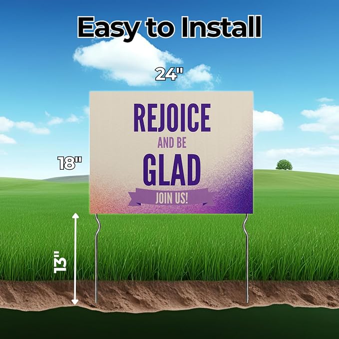 Rejoice & Be Glad - Join Us! Yard Sign by DC | 24"x18" Double Sided Church Garden Sign with 13” Metal Stakes | Outdoor Signs Waterproof for Lawn, Patio, Sidewalk & House | Set of 5 | Made in USA
