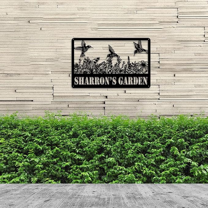 MeMate Hummingbird Garden Signs, Flowers Garden Signs to Personalize, Personalized Metal Signs Hummingbird, Customized Name Wall Art for Garden Outdoor Decor, Large Outdoor Plaque Sign for She Shed