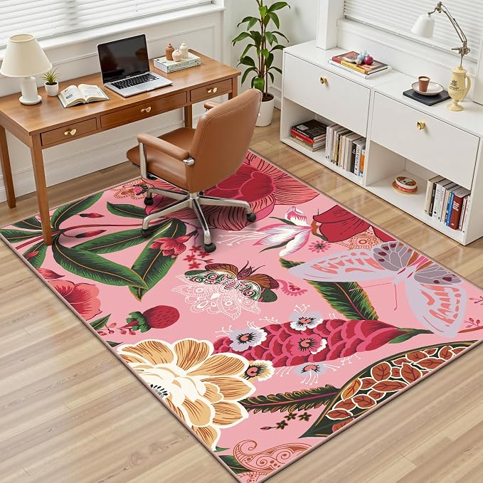 Tyrot Pink Boho Floral 3x5 Washable Area Rug Flat Woven Ultra Thin Low Pile Coquette Cute Rug Non Slip Indoor Botanical Butterfly Rug for Living Room, Bedroom, Entryway, Nursery, Dorm