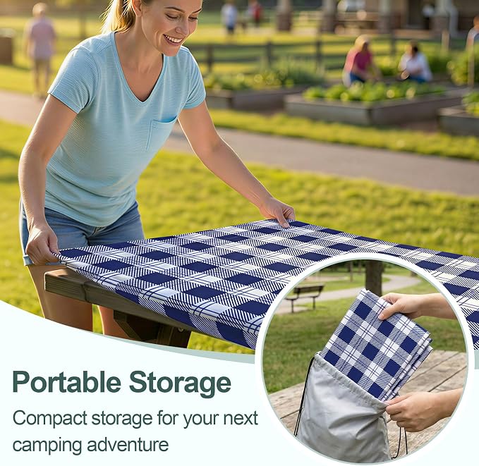 Play Tailor Picnic Table Cover with Bench Covers Camping Essentials Waterproof Windproof Camping Tablecloth with Drawstring Bag, Fitted Rectangle Tables and Seats, 60in, Blue Checkered
