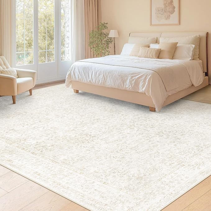 8x10 Area Rugs for Living Room: Washable Large Vintage Floral Rug Low Pile Non-Slip Boho Carpet for Bedroom Dining Home Office (Floral Beige, 8'x10')