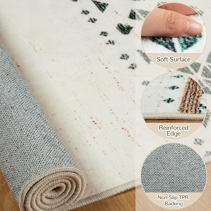 2x3 Washable Area Rugs for Living Room Boho Bathroom Rug Green/Brown | Vacuum Friendly, Machine Washable, Non-Slip Rug, Stain Resistant, Moroccan Geometric, Low Pile Carpet, Entryway Kitchen