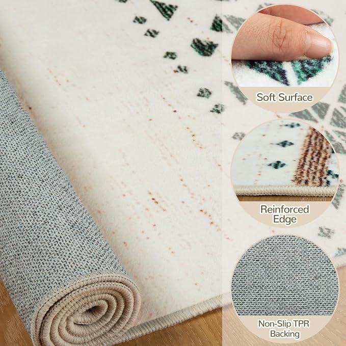 3x5 Washable Area Rugs for Living Room Boho Bathroom Rug Green/Brown | Vacuum Friendly, Machine Washable, Non-Slip Rug, Stain Resistant, Moroccan Geometric, Low Pile Carpet, Entryway Kitchen