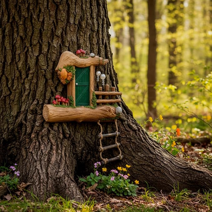 Sliner Fairy Door for Trees Outdoor Resin Fairy Garden Door Accessories with Pearl & Crystal Hanging Accents Miniature Gnome House for Garden Wall Outdoor Decorations Tree Trunk(Dark Green)
