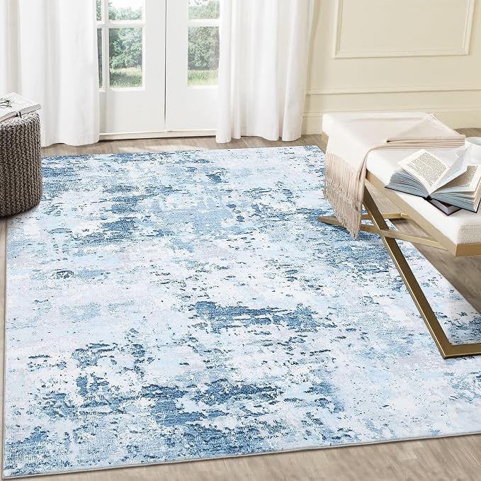 ROYHOME 5x7 Area Rugs Modern Abstract Faux Wool Rug, Blue | Ultra-Soft Low Pile Accent Rug Stain Resistant Carpet Machine Washable Rugs for Bedroom with Non Slip Backing