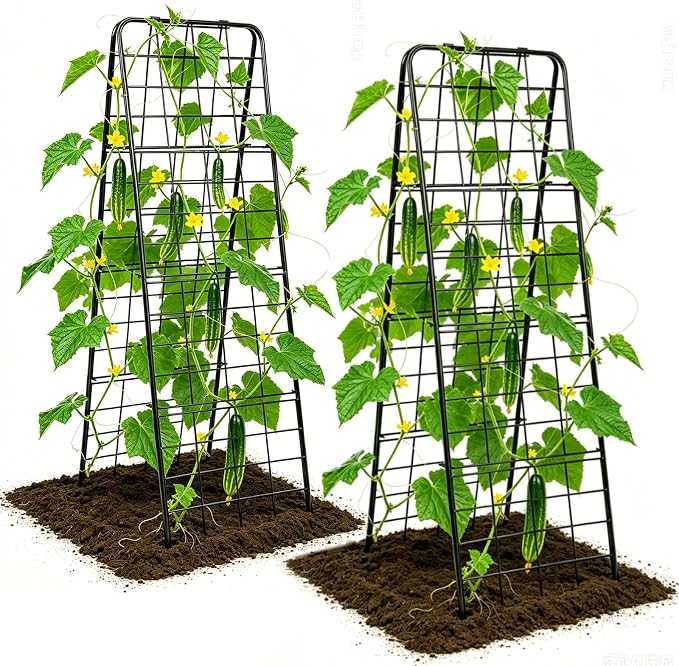 Amoskey Cucumber Trellis, Garden Trellis for Climbing Plants Outdoor, Foldable A-Frame Trellis, Cucumber Trellis for Raised Bed for Cucumbers, Peas, or Tomatoes (Black, Small Grid)
