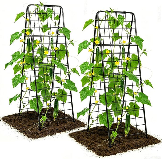 Amoskey Cucumber Trellis, Garden Trellis for Climbing Plants Outdoor, Foldable A-Frame Trellis, Cucumber Trellis for Raised Bed for Cucumbers, Peas, or Tomatoes (Black, Small Grid)