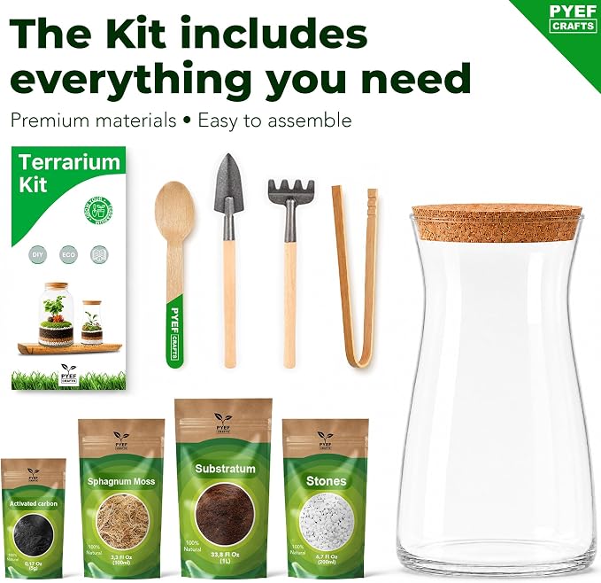 Terrarium Kit for Plants DIY | Starter Pack – Closed Ecosystem – 34 fl oz Glass – Succulents, Air Plants, Bonsai, Indoor Plants – (Plants Not Included)