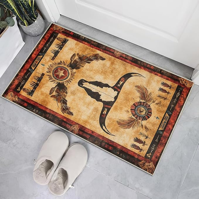 Western Area Rug Southwestern Cow Washable 2x3 Navajo Tribal Rugs for Living Room Bedroom Cowboy Rustic Non-Slip Soft Floor Large Carpet for Office Entryway Bathroom