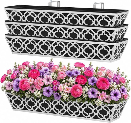 Y&M 4Pack 30'' Metal Railing Planter Box Set with Black Non-Woven Fabric Liner, Large Flower Boxes with Adjustable Brackets, Window Boxes Outdoor Hanging Planter for Fence, Deck, Balcony, and Garden