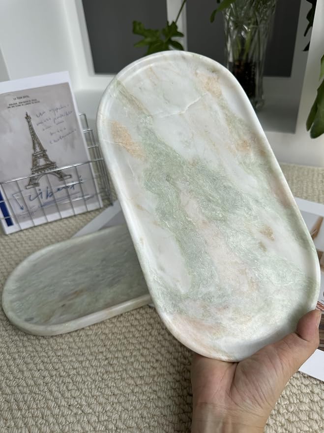 Genuine 100% Natural Marble Tray, Luxury Sage Green&White Stone Vanity Tray | 11.8" x 5.9" Decorative Oval Trays for Countertop Storage, Bathroom, Dresser, Kitchen, Home Decor, Jewelry Makeup Organizer