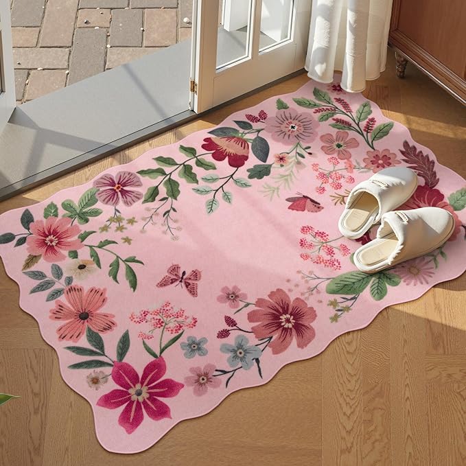 Lahome Floral Washable Entryway Rug, 2X3 Soft Kitchen Rugs Non-Slip | Ultra-Thin Door Mat Indoor Entrance Stain Resistant Boho Small Throw Carpet for Bathroom Bedroom Entry Flore, Pink