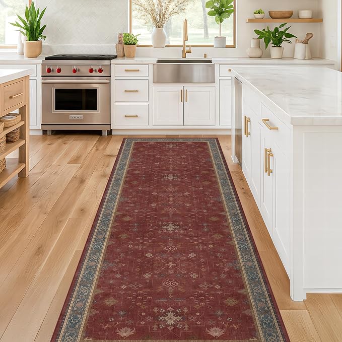 Red 2x8 Long Hallway Runner Rug - Boho Washable Indoor Front Door Mat for Entryway, Non Skid Rugs for Kitchen, Vitange Geometric Floral Low Pile & Soft Runner Carpet