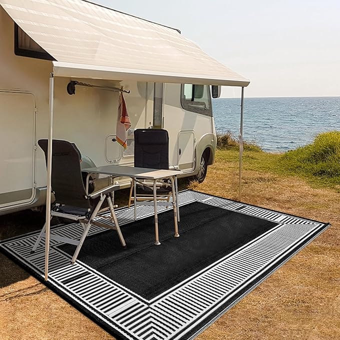 9x12 Outdoor Rug Waterproof Foldable Plastic Straw Carpet for Patio Porch Modern Striped Reversible Mat Border Lightweight Floor Mat for Picnic, Rv, Beach, Deck, Camper, Balcony，Black/White