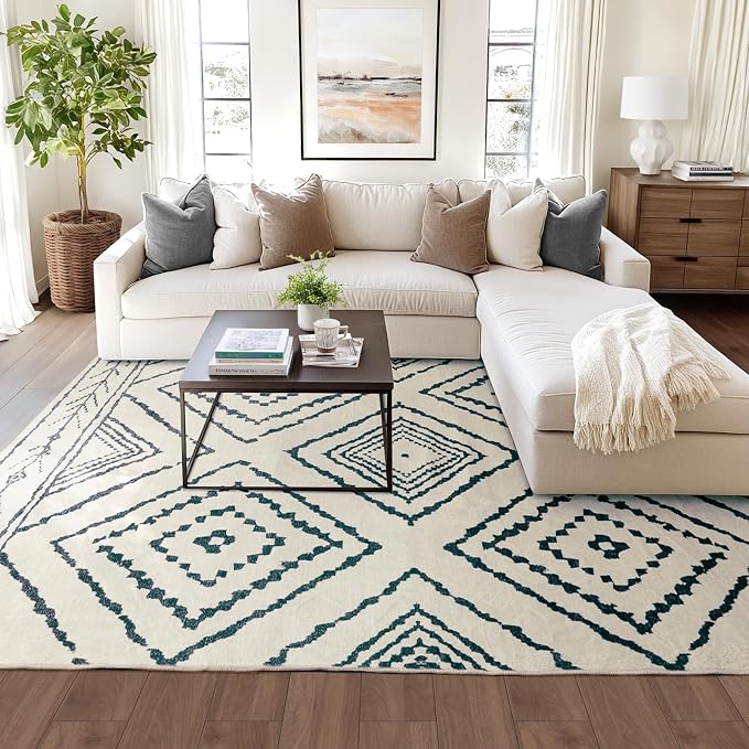 8'x10' Washable Area Rug for Living Room Bedroom White Black | Soft Western No Slip Low Pile Print Foldable Indoor for Kitchen Dining Room