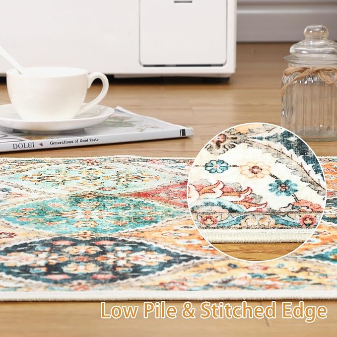 ROYHOME Runner Rug 2x10 Washable Moroccan Trellis Hallway Runner Rug | Stain Resistant Non-Slip Floor Cover Vintage Distressed Entrance Carpet for Laundry Kitchen Entryway Bedroom, Cream