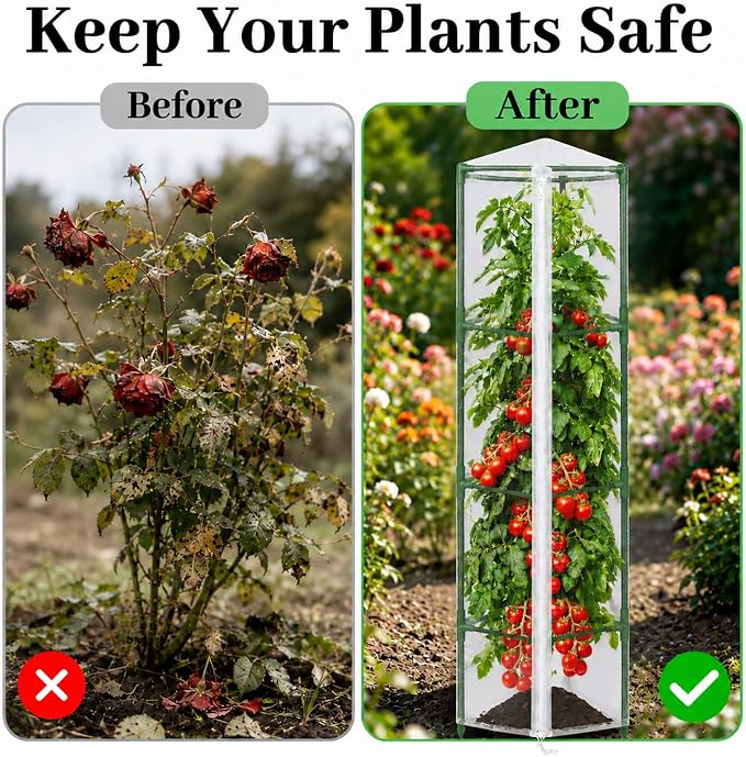 Halatool Garden Tomato Plant Cover Netting, Fits 55–72" Tall Tomato Cages, Garden Bird Netting with Zipper & Drawstring, Insect Barrier, Plant Covers from Insects Animals, 2 Pack, 61"×15.7"