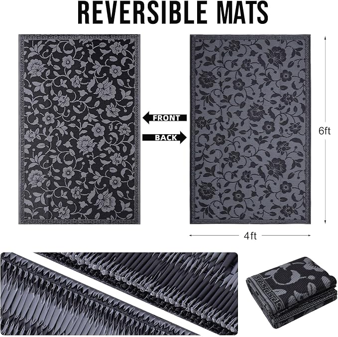 OLANLY Waterproof Outdoor Rug 4x6 ft, Outdoor Plastic Straw Rug with Flower Pattern, Reversible RV Mat for Patio, Camping, Balcony, Deck, Backyard, Black & Grey