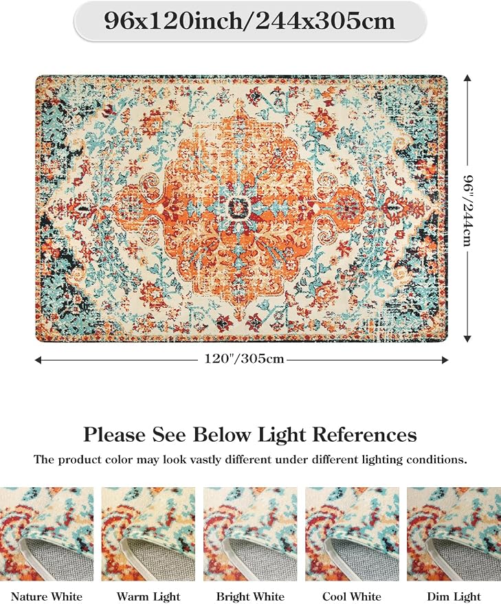 Lahome Reine Boho Rugs for Living Room 8x10, Washable Bedroom Area Rug Soft Low Pile Dining Room Rugs for Under Table,Vintage Non Slip Indoor Floor Carpet for Playroom Office (8x10 Orange)
