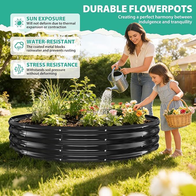 YSEJOMP 6FT Diameter Galvanized Garden Raised Bed/Plant Box/Fire Pit Ring-0.8mm Thick,12 Inch Tall,Crimped Edge and Corner,No Sharpe,Perfect for Plantings (Black, 72 Dia X 12 inches)