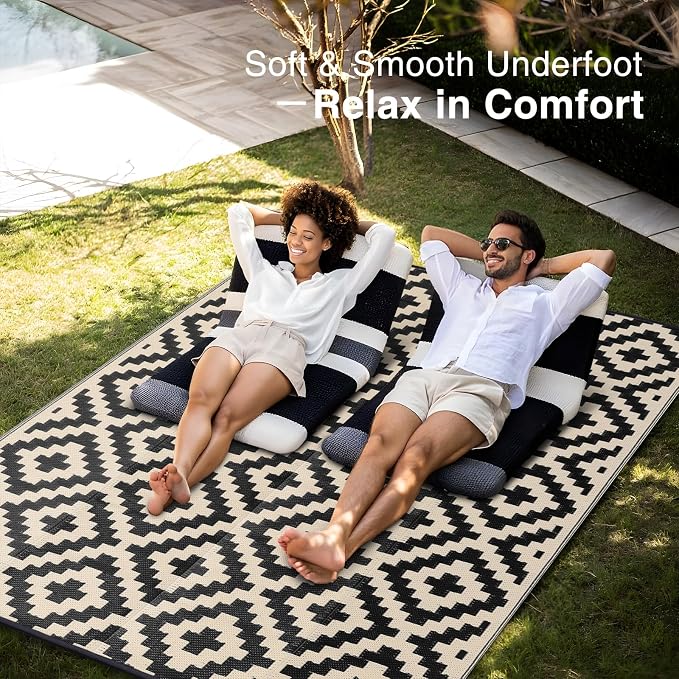 OLANLY Waterproof Outdoor Rug 10x14 ft, Outdoor Plastic Straw Rug for Camping, RV Mat Outside, Outdoor Carpet for Porch, Deck, Backyard, Balcony, Picnic, Black & Beige