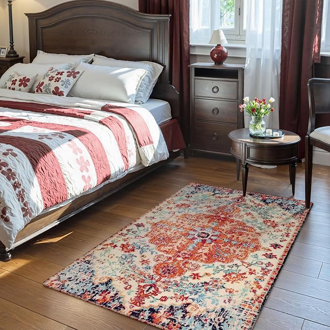 Lahome Bohemian Floral Medallion Area Rug - 3x5 Bedroom Rug Soft Throw Printed Bathroom Kitchen Entry Foyer Mat, Vintage Non-Slip Washable Carpet for Front Door Laundry Room Bath Office, Orange