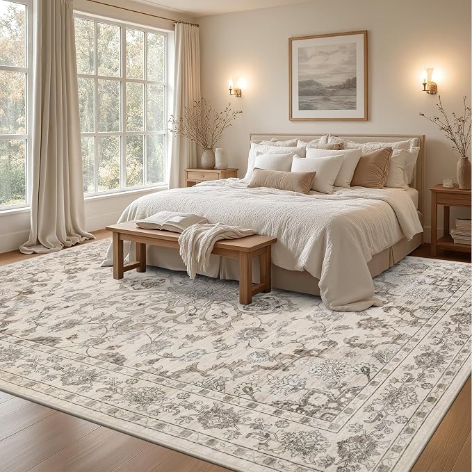 8x10 Area Rugs Living Room: Washable Rug for Bedroom Brown Beige | Boho No Slip Stain Resistant Rug Soft Indoor Decor Floor Floral Area Rugs for Dining Room, Nursery, Hallway, Home Office
