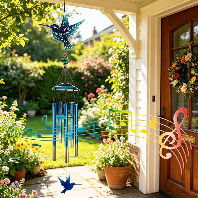 Outdoor Wind Chimes Hummingbird Metal WindChimes Gift for Outside/Indoors, Home, Lawn, Porch, Patio, Garden Decor, Yard Decoration (Bule Hummingbird)